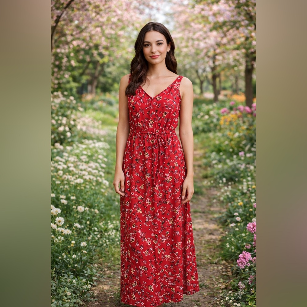 BeachLunchLounge Red Floral V-Neck Maxi Dress Cottagecore Boho Size Small
